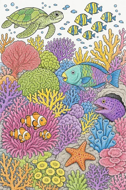 Ausmalbild: Dichtes Korallenriff mit bunten Fischen und Meerestieren