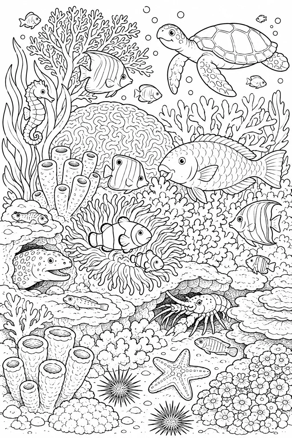 涂色页：有许多小鱼和海洋生物的浓密加勒比珊瑚礁