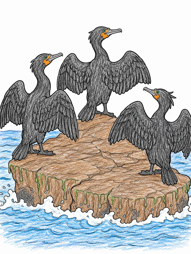 Ausmalbild: Drei Kormorane strecken Flügel auf Küstenfelsen