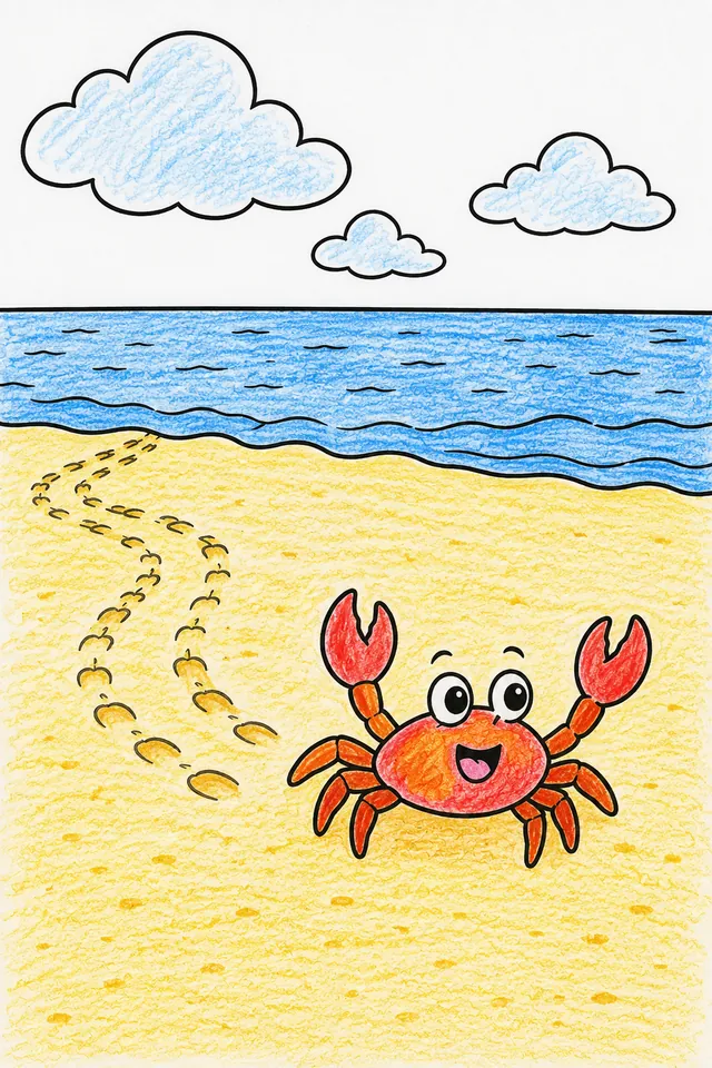 Ausmalbild: Winziges Krabbenküken rennt glücklich seitwärts am Strand