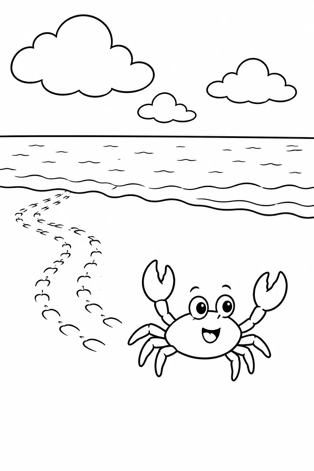 Ausmalbild: Winziges Krabbenküken rennt glücklich seitwärts am Strand