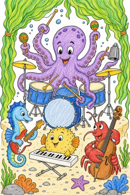 Ausmalbild: Oktopus mit acht Tentakeln spielt riesiges Schlagzeug-Kit in Unterwasser-Band