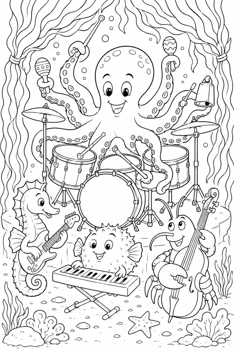 Ausmalbild: Oktopus mit acht Tentakeln spielt riesiges Schlagzeug-Kit in Unterwasser-Band