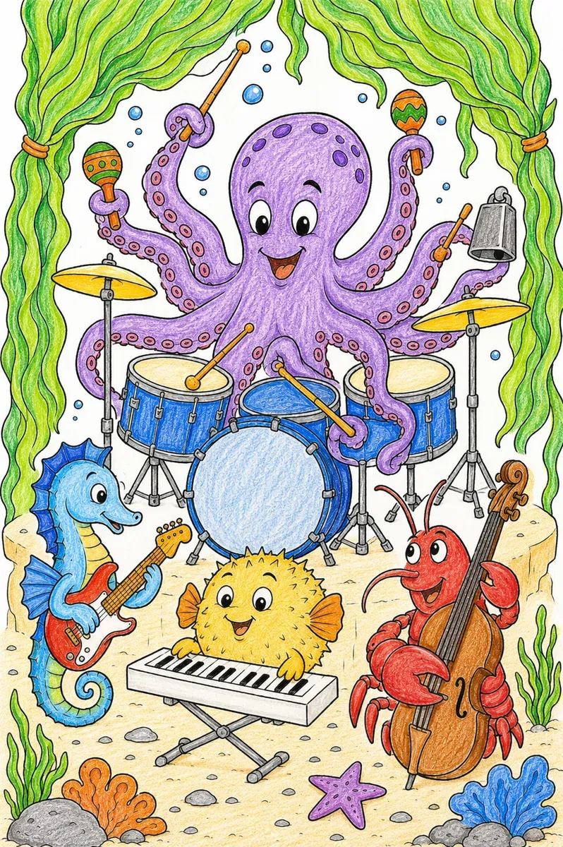 Trommel-Krake musiziert in Unterwasser-Band