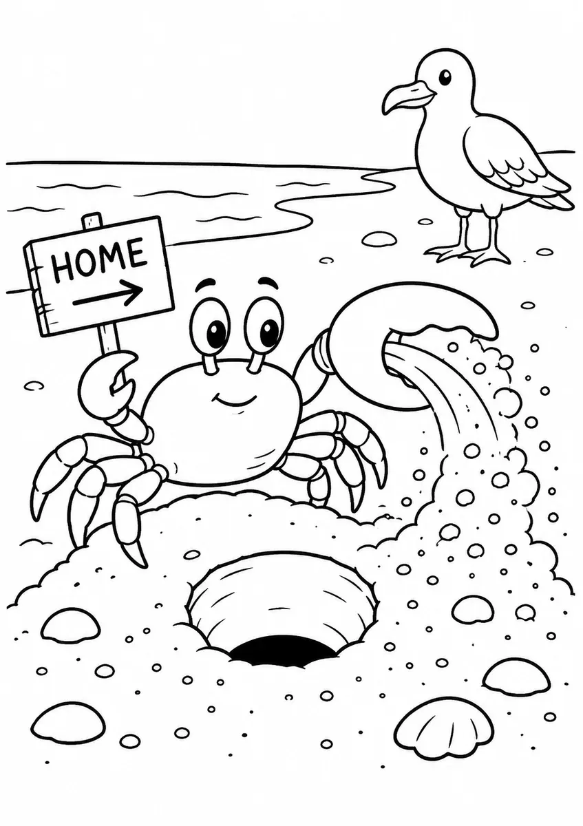 Ausmalbild: Kleiner Krebs baut eifrig seine Sandhöhle mit HOME-Schild