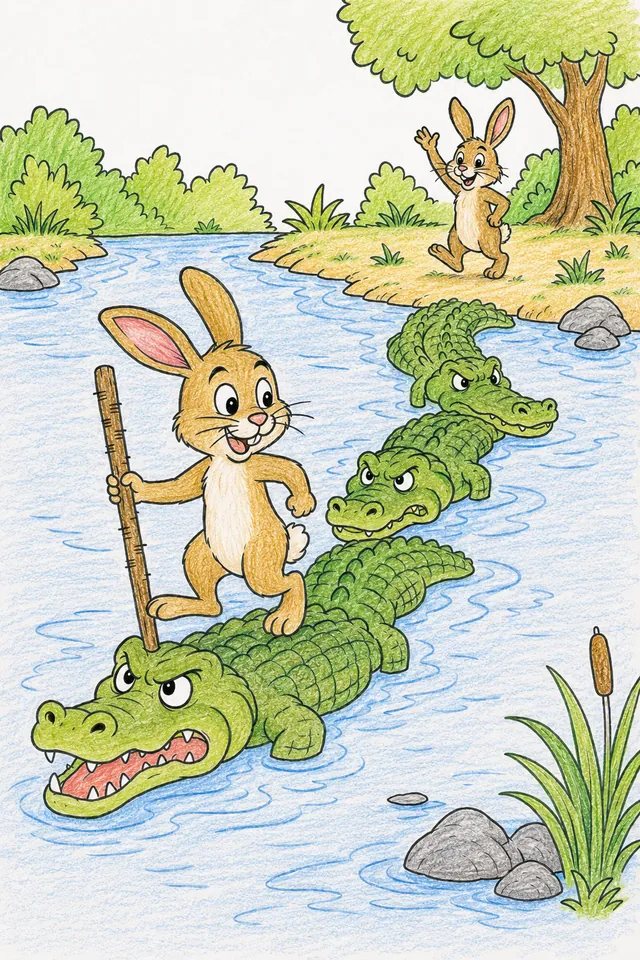 涂色页：聪明的兔子在河里跳过鳄鱼并数它们，同时到达对岸