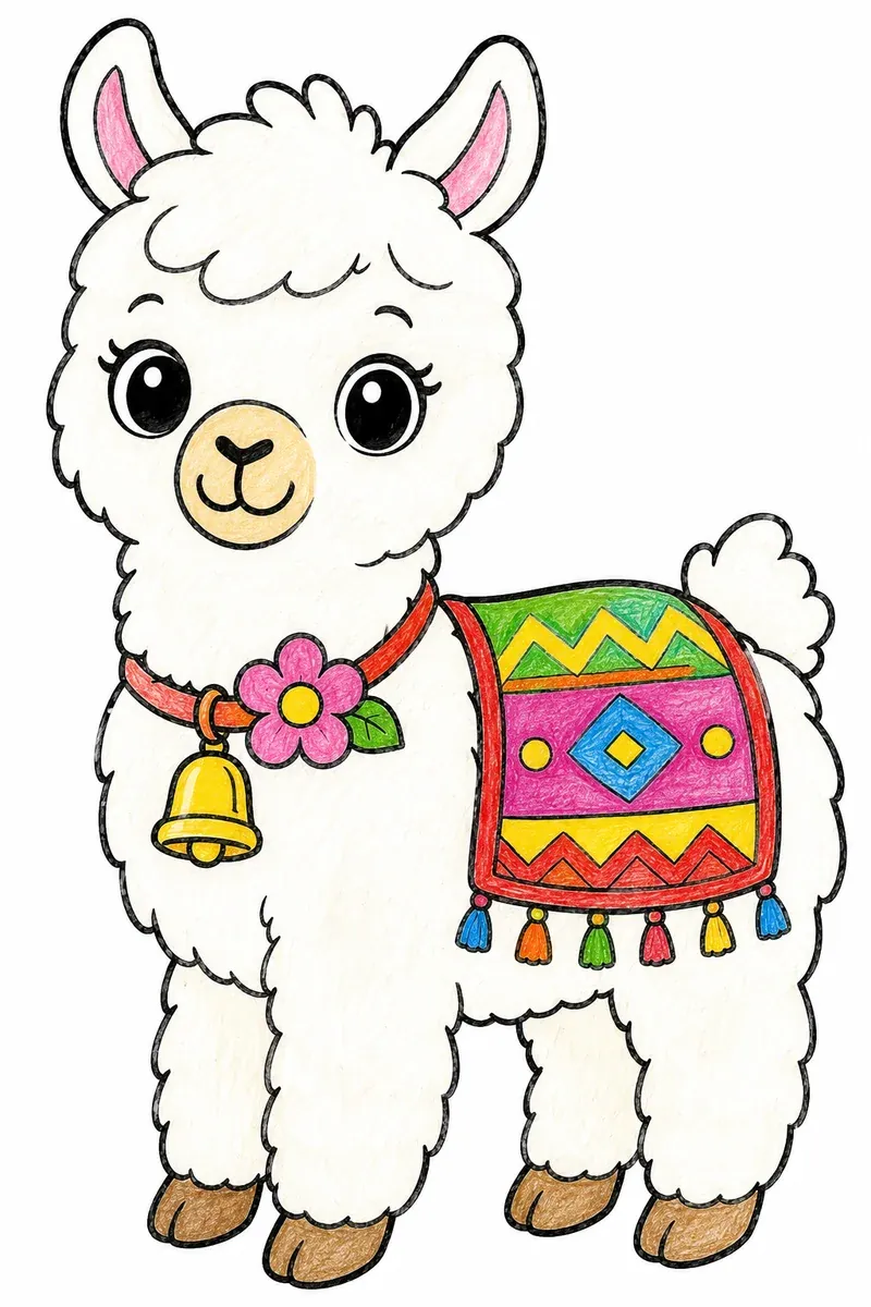 Lama-Kind trägt einen bunten Textil-Sattel