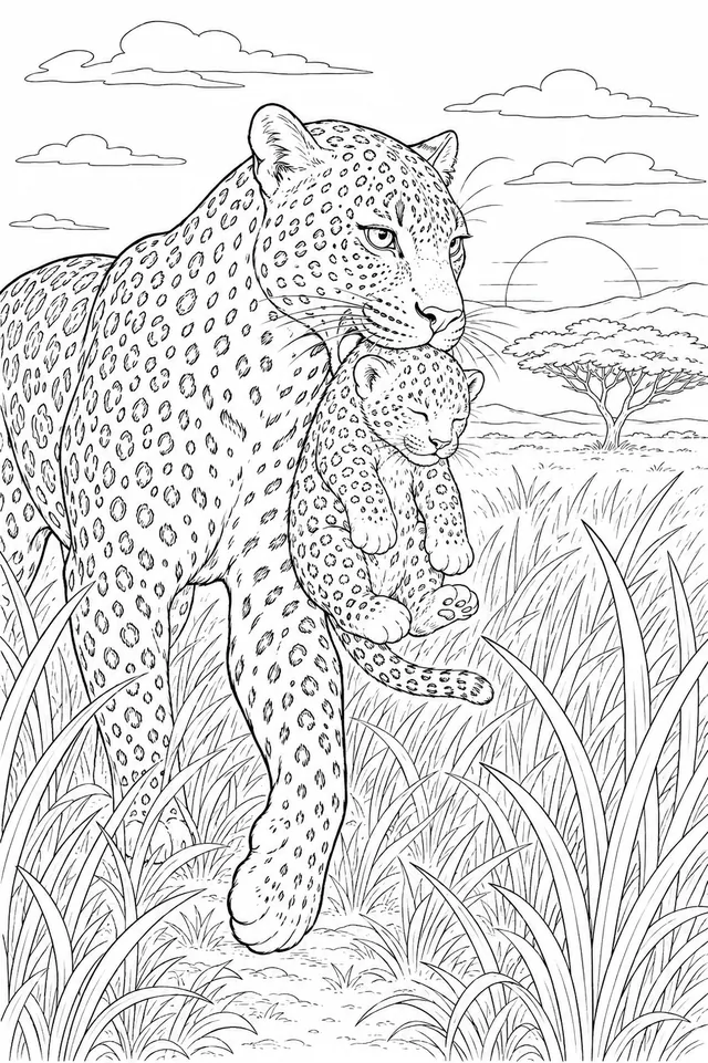 Leopard trägt sein Junges sanft in der Maulhöhle