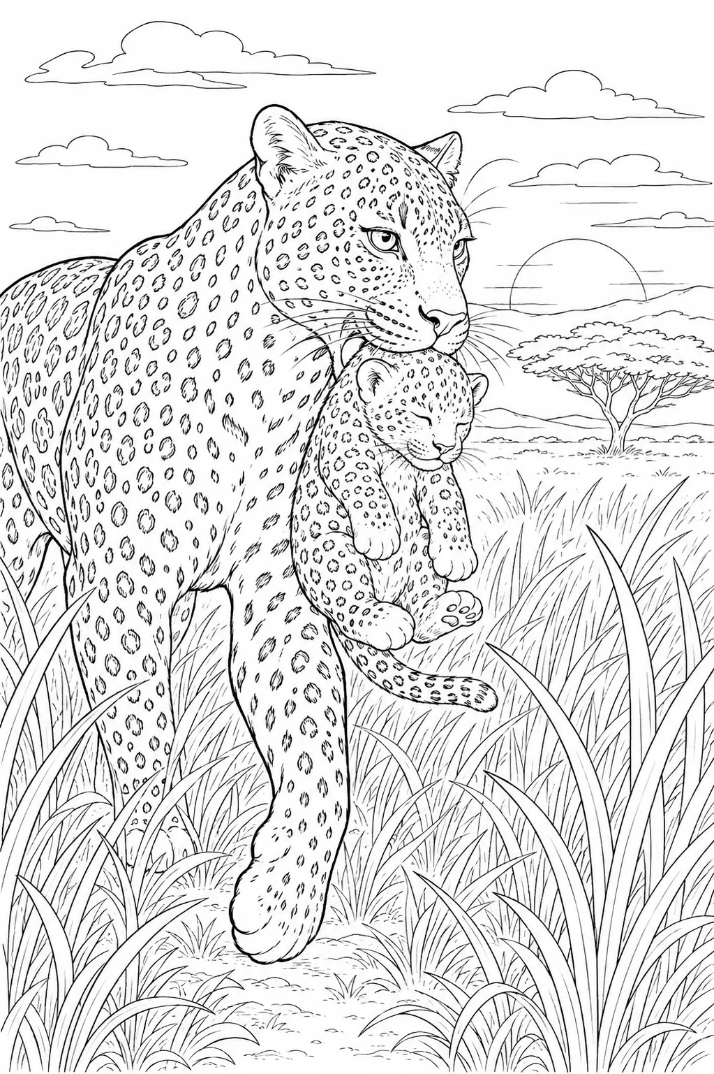 Ausmalbild: Gefleckter Leopard trägt geflecktes Junges sanft im Maul durch Savannengras