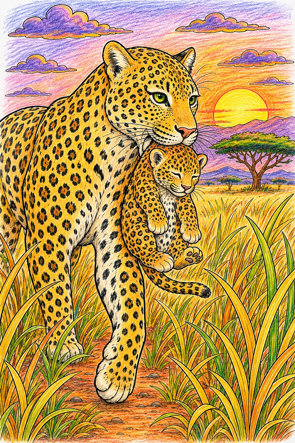 Leopard trägt sein Junges sanft in der Maulhöhle