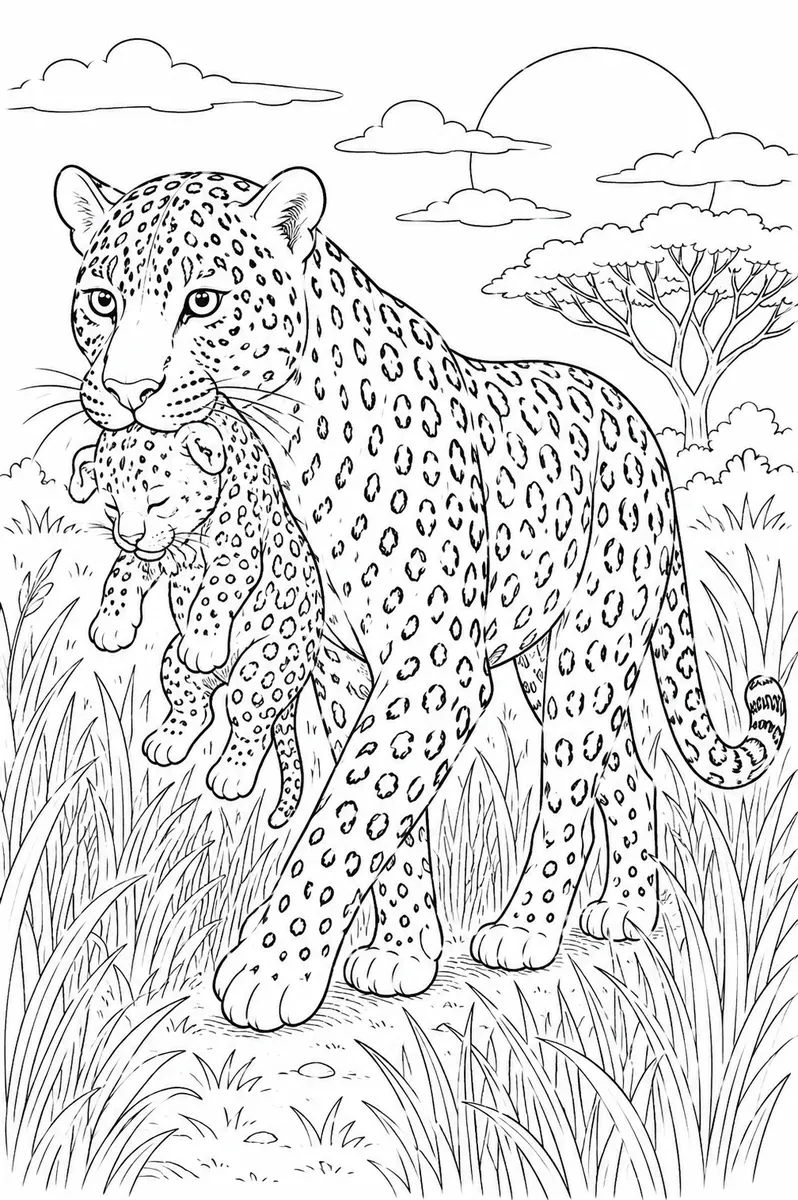 Ausmalbild: Gefleckter Leopard trägt geflecktes Junges sanft im Maul durch Savannengras