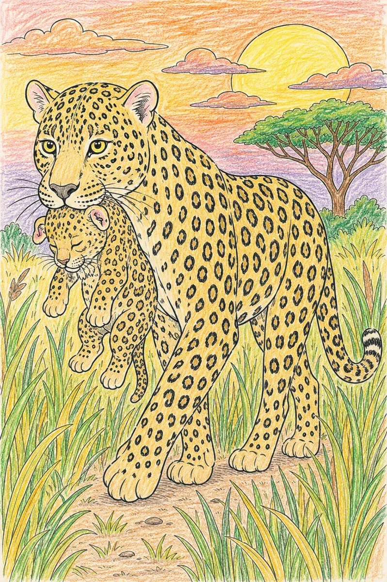 Leopard trägt sein Junges sanft in der Maulhöhle