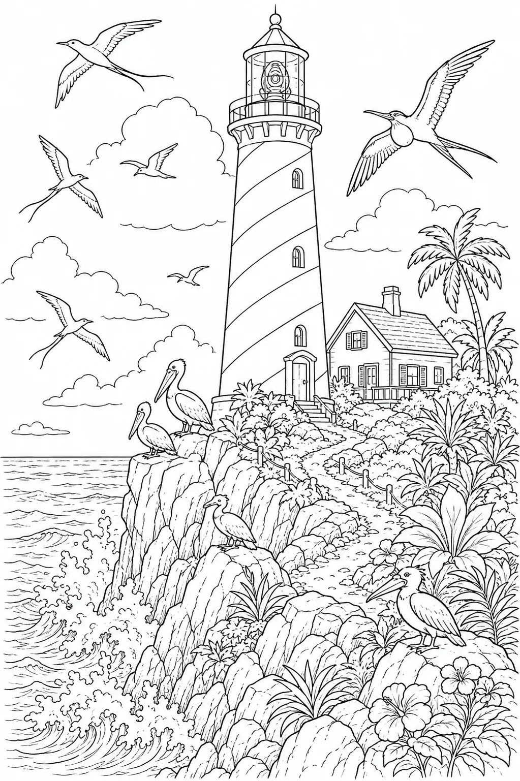 Ausmalbild: Rot-weißer Leuchtturm auf dramatischer Klippe mit Seevögeln und Wellen
