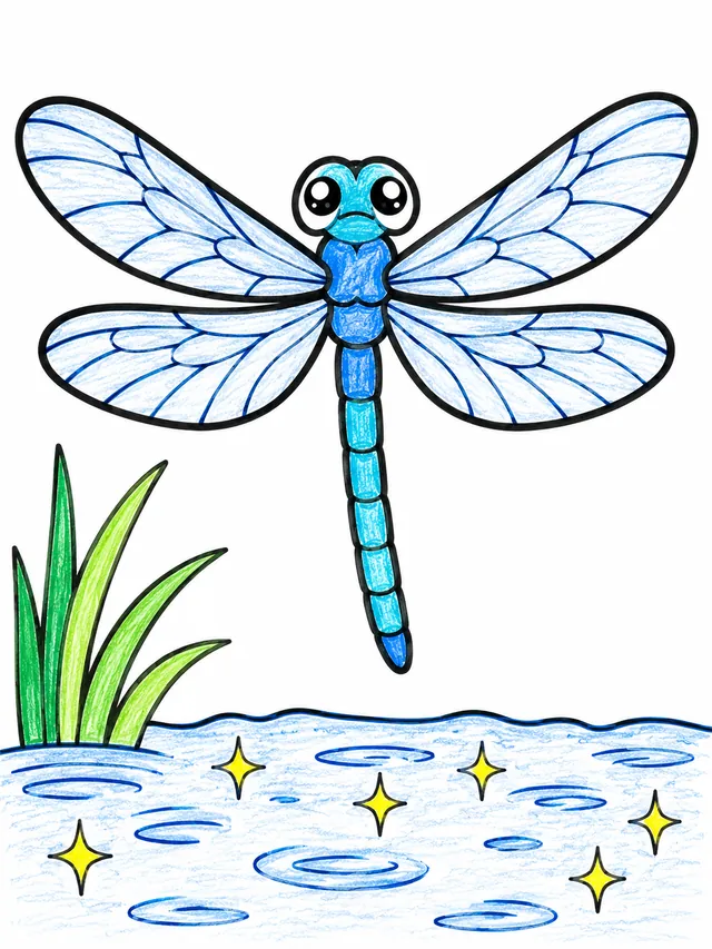 Ausmalbild: Blaue Libelle schwebt mit symmetrischen Flügeln über Glitzerwasser