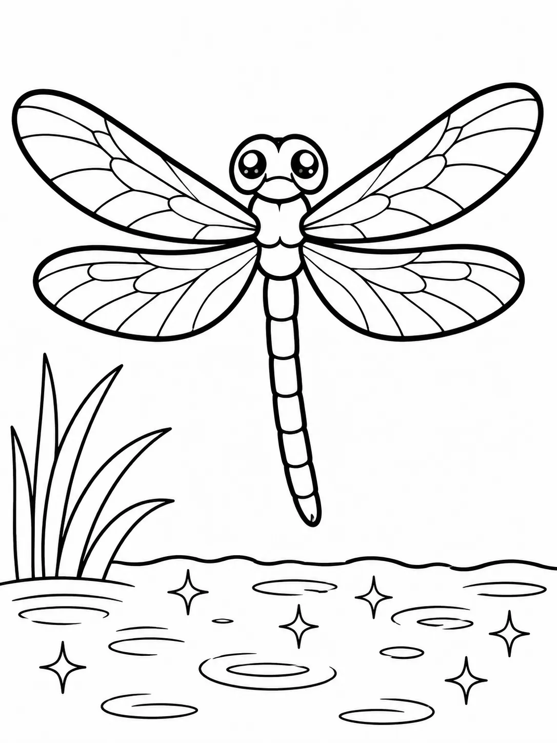 Ausmalbild: Blaue Libelle schwebt mit symmetrischen Flügeln über Glitzerwasser