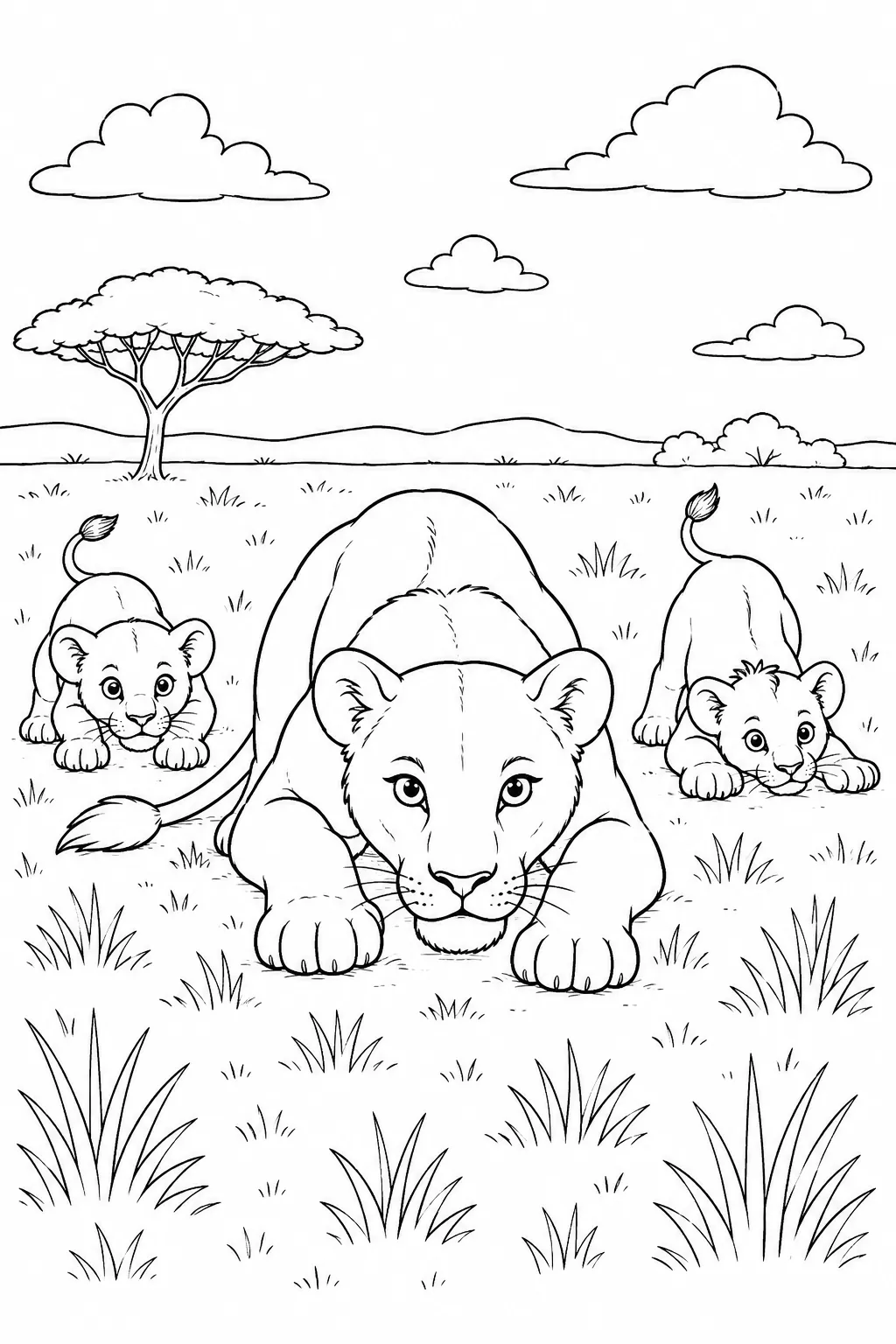 Ausmalbild: Löwin schleicht mit zwei Jungen im Savannengras