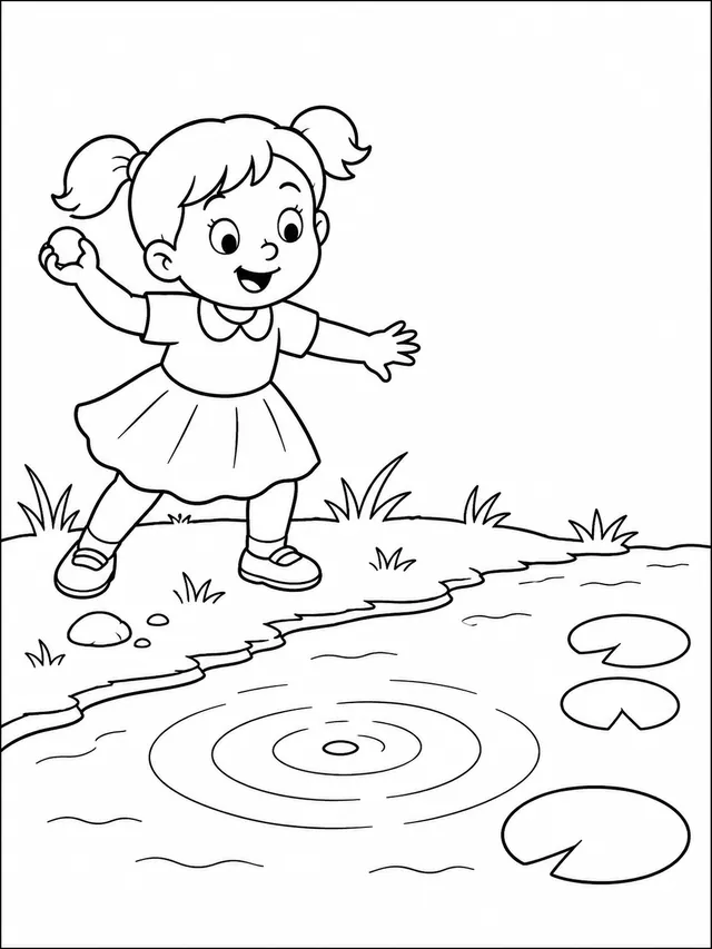 Kleines Mädchen wirft einen Stein ins Wasser