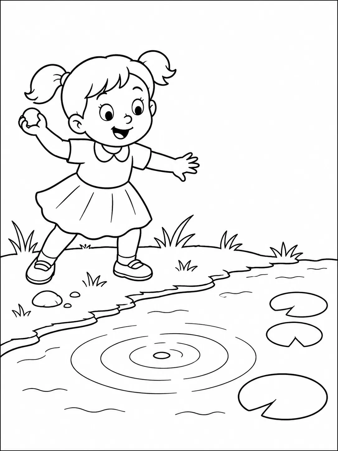 Ausmalbild: Kleines Mädchen schwingt Arm zum Steinwurf ins Flusswasser