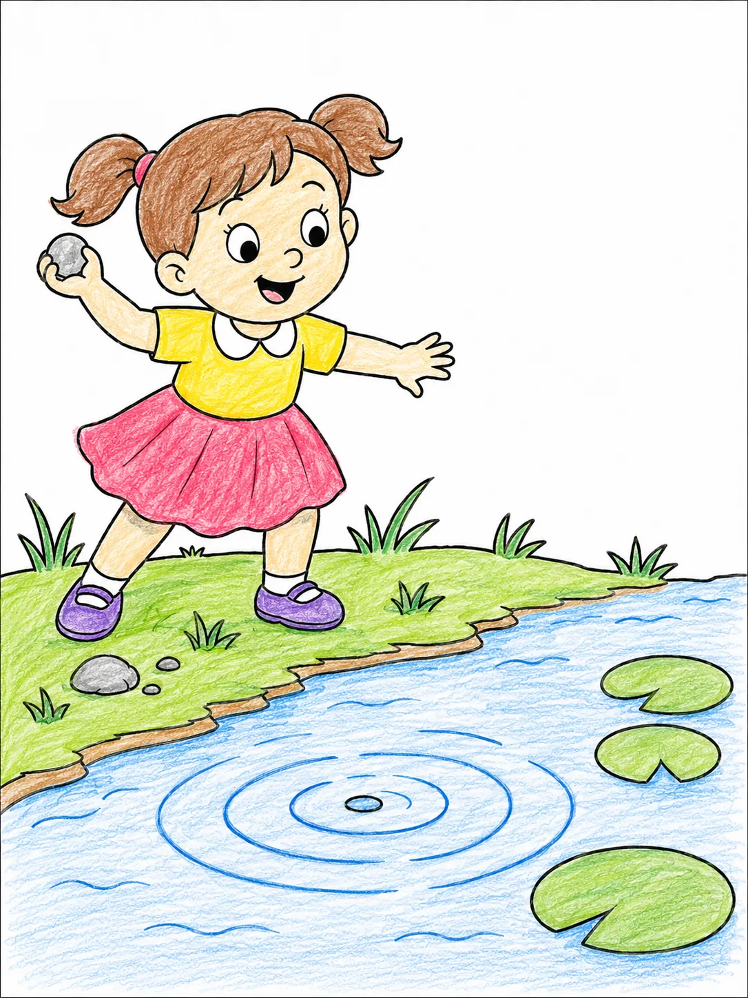 Kleines Mädchen wirft einen Stein ins Wasser