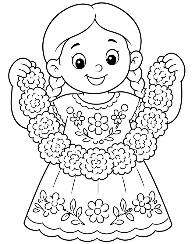 Kleines Mädchen trägt eine Marigold-Girlande