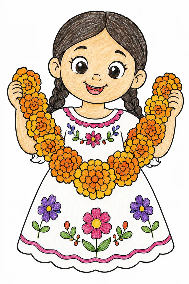 Kleines Mädchen trägt eine Marigold-Girlande – So könnte es aussehen