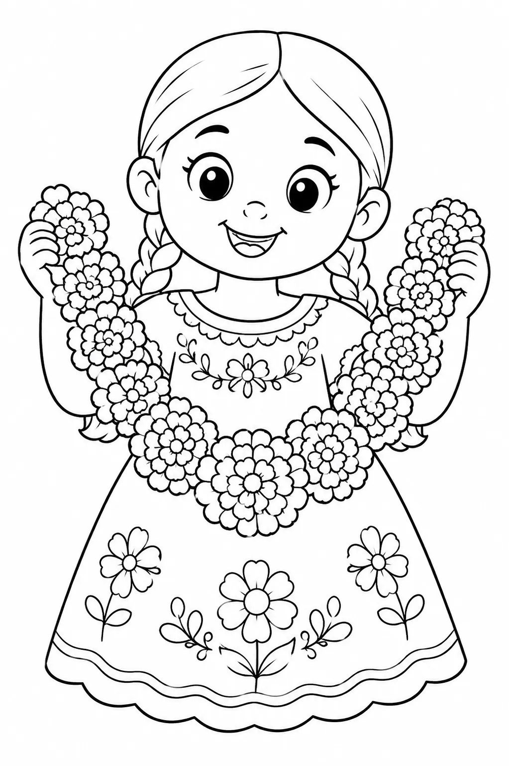 Ausmalbild: Kleines Mädchen mit Zöpfen hält große Marigold-Girlande