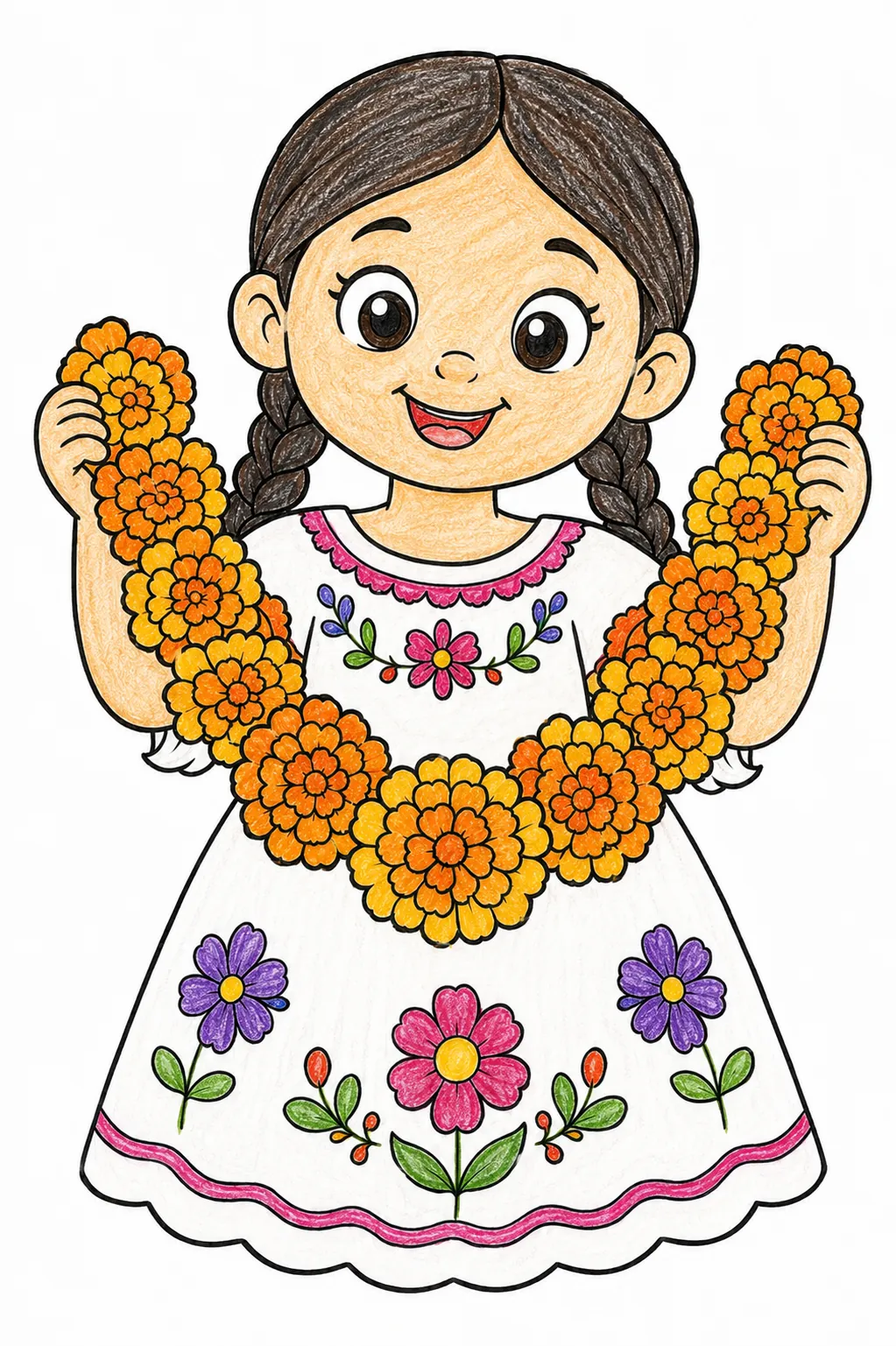 Kleines Mädchen trägt eine Marigold-Girlande