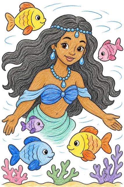 Ausmalbild: Mami Wata Wassergeisterin schwimmt mit bunten Fischen