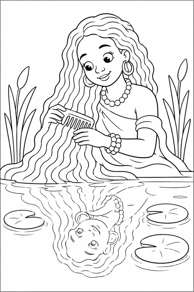 水之母在河边梳理她的长发