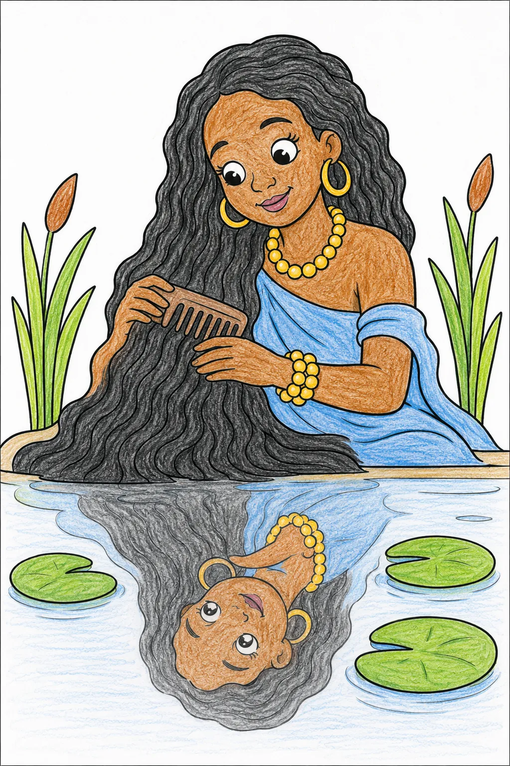 Mami Wata kämmt ihr langes Haar am Fluss