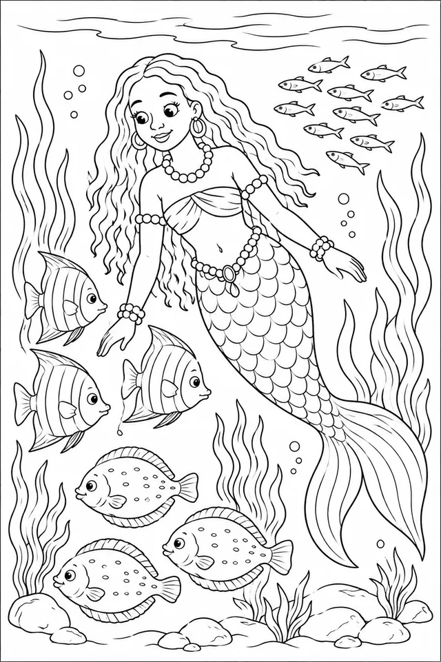 Mami Wata schwimmt mit bunten Fischschwärmen