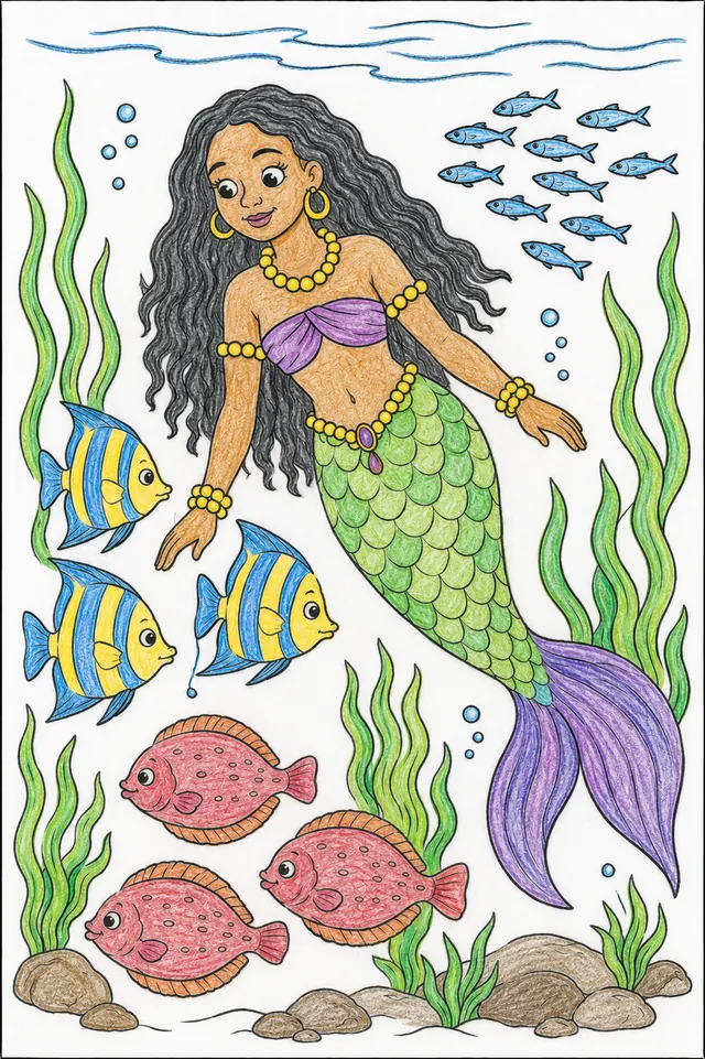 Ausmalbild: Mami Wata gleitet mit bunten Fischschwärmen durch Wasser