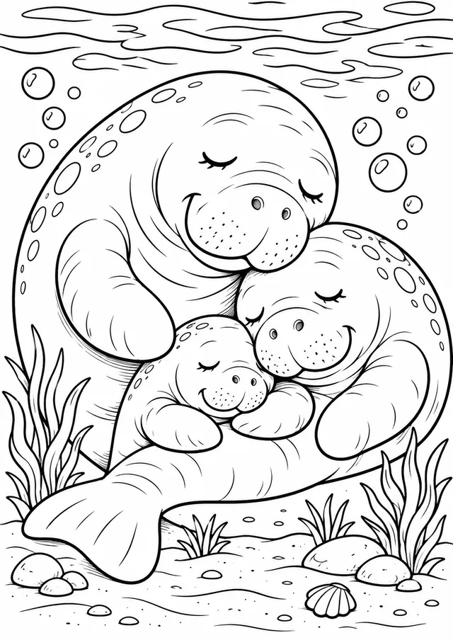 Manatee-Familie schläft im warmen Meer