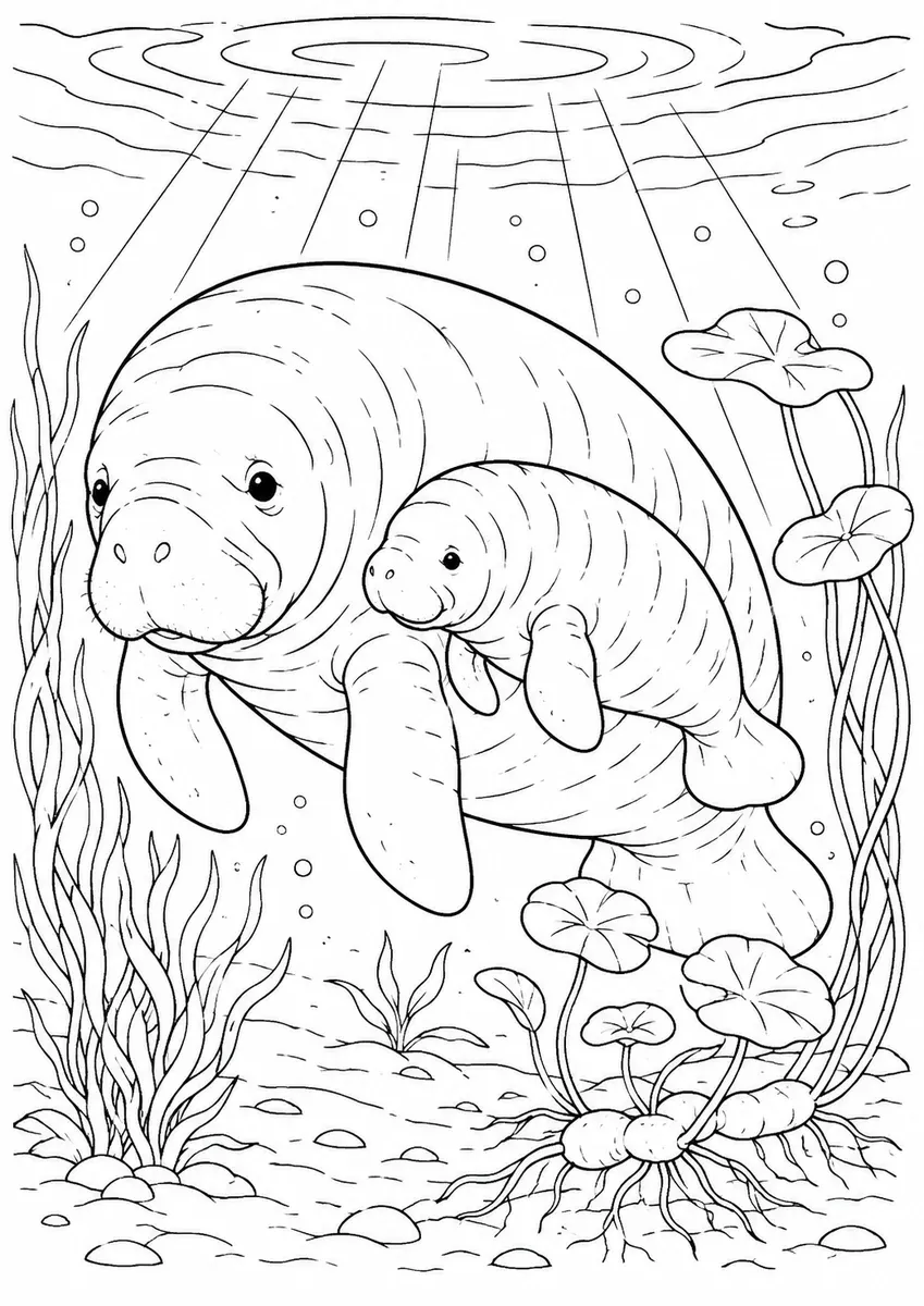 Ausmalbild: Großes Manatee schwimmt mit kleinem Baby durch Unterwasservegetation