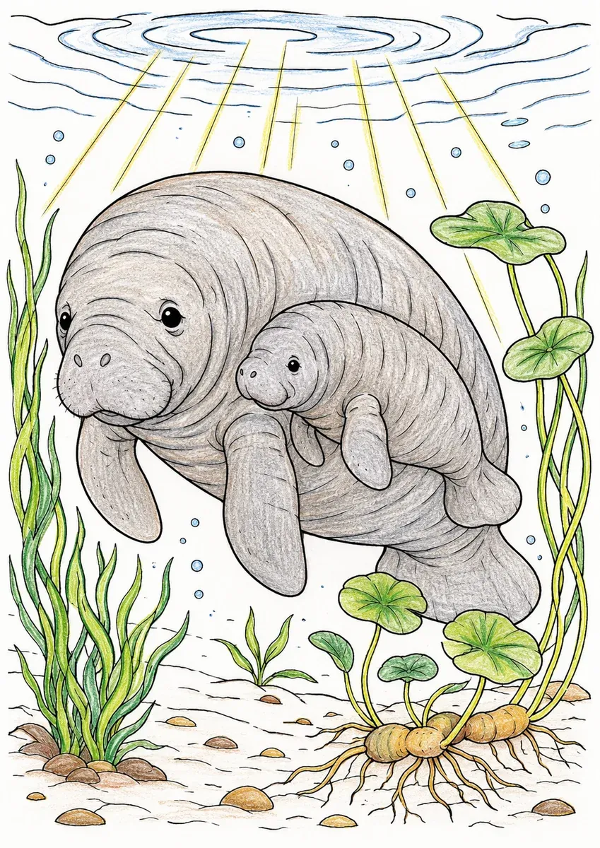 Manatee-Kuh schwimmt sanft mit ihrem Baby