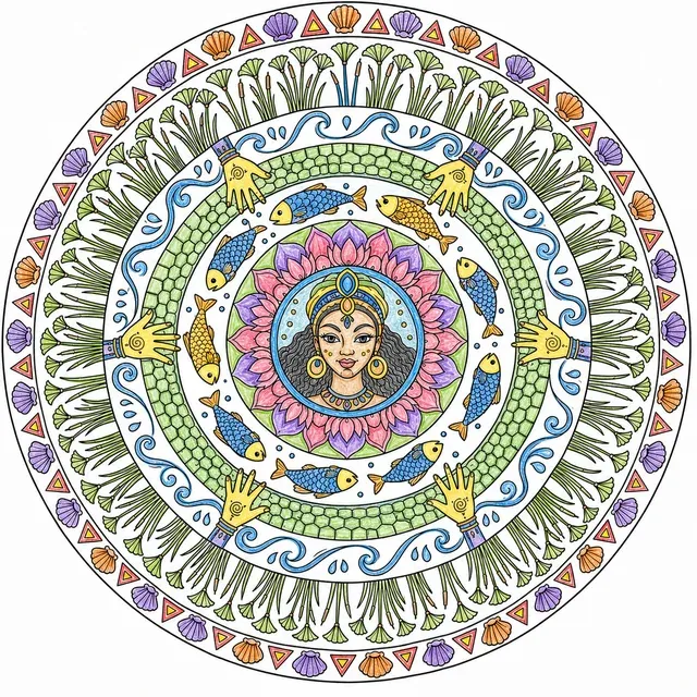 Ausmalbild: Kreisförmiges Mandala aus afrikanischen Wassermotiven mit Mami Wata