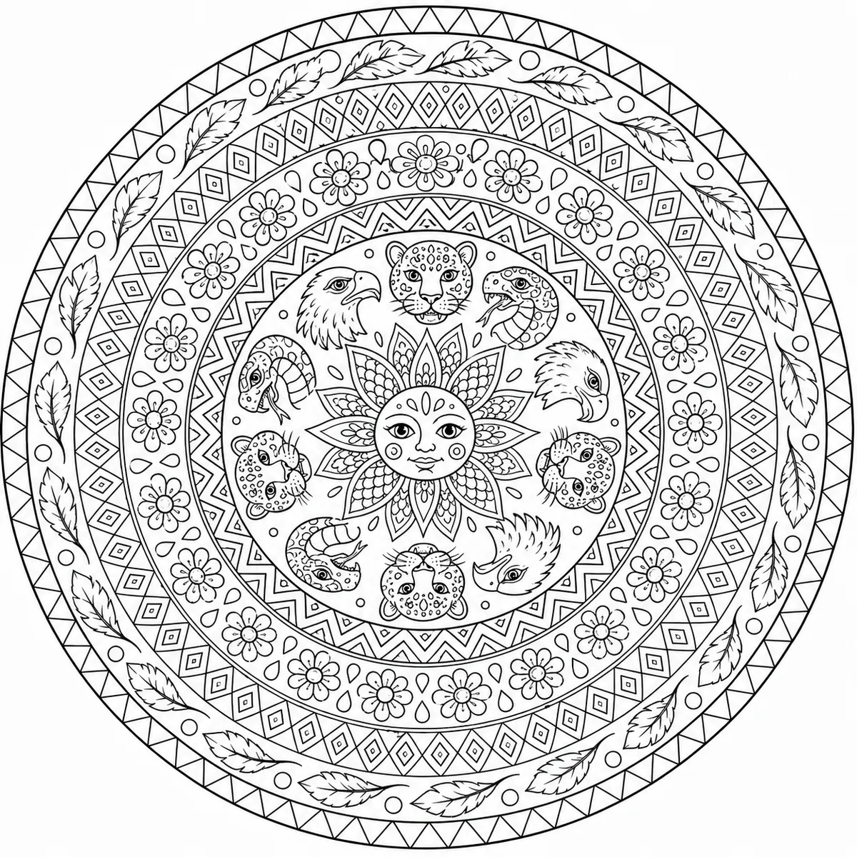 Ausmalbild: Rundes Alebrije-Mandala mit Tierköpfen und folkloristischen Mustern