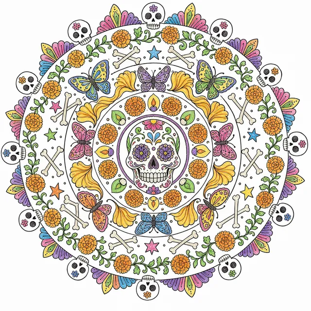 Ausmalbild: Rundes Día de los Muertos Mandala mit Zuckerschädel im Zentrum