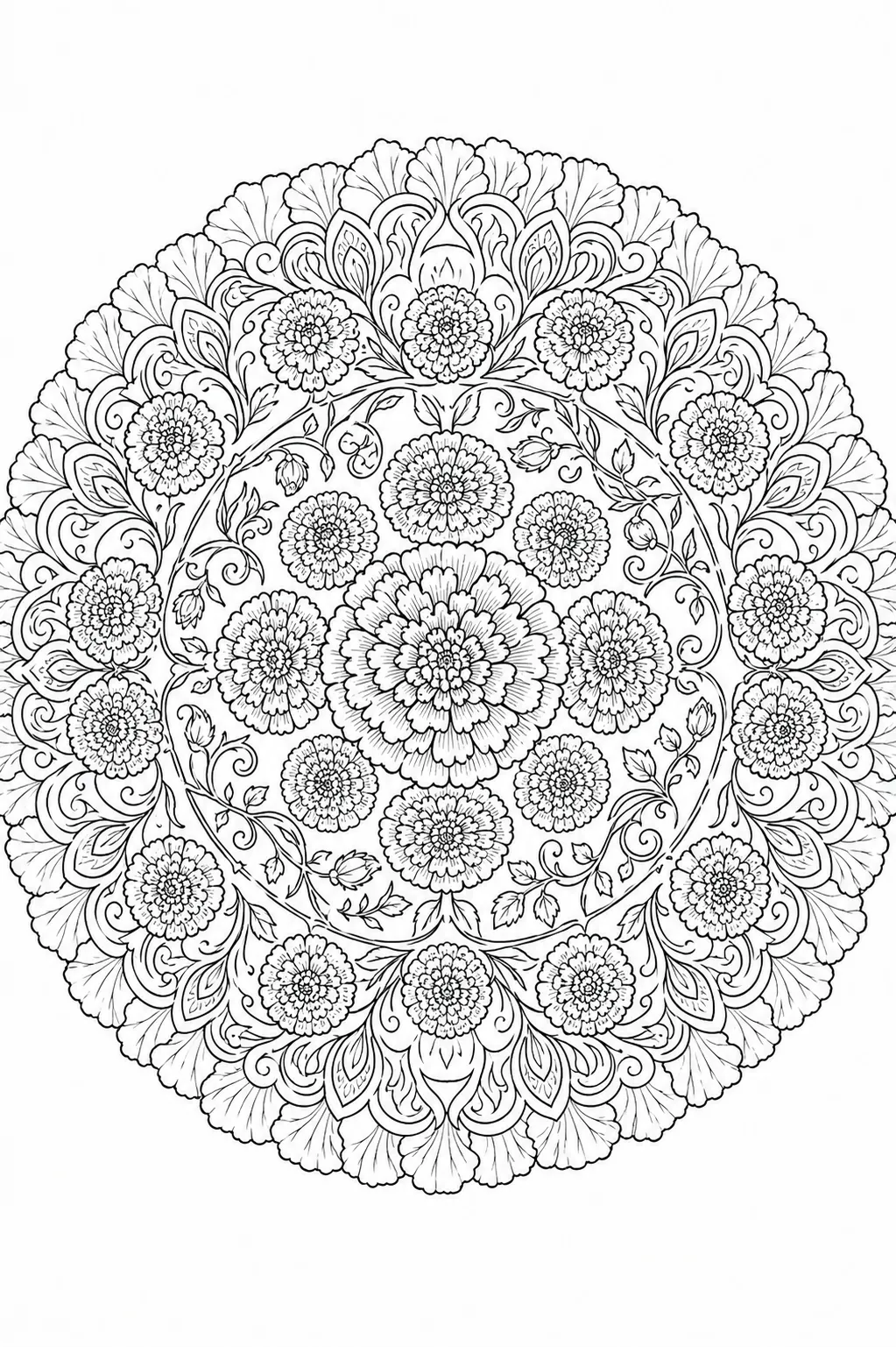 Ausmalbild: Botanisches Cempasúchil-Mandala mit konzentrischen Ringelblumenringen