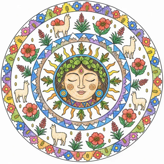 涂色页：有地母面孔和安第斯花卉的圆形帕查妈妈曼陀罗
