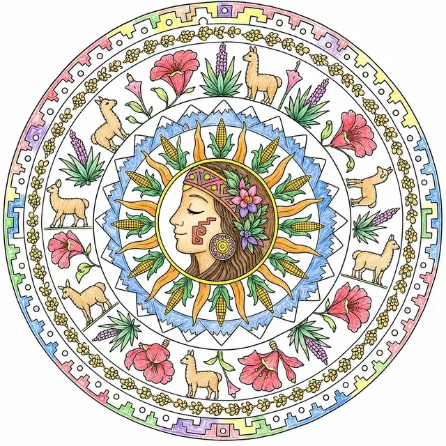 涂色页：有地母面孔和安第斯花卉的圆形帕查妈妈曼陀罗