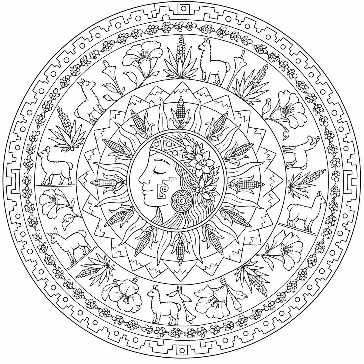 Ausmalbild: Rundes Pachamama-Mandala mit Erd-Mutter-Gesicht und Andenblumen