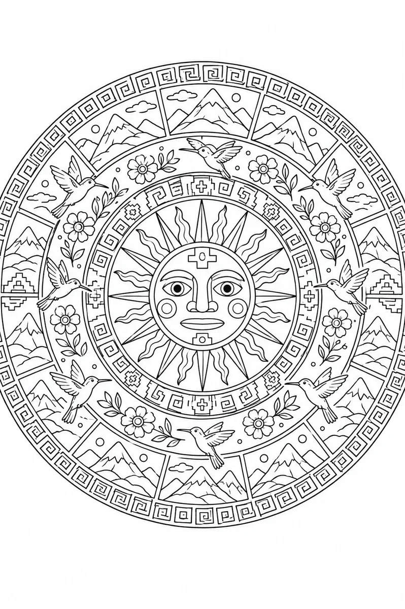 涂色页：有印蒂面孔和太阳光线的圆形印加太阳神曼陀罗