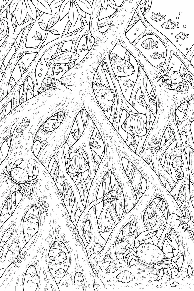 Mangroven-Wurzel-Labyrinth mit kleinen Fischen