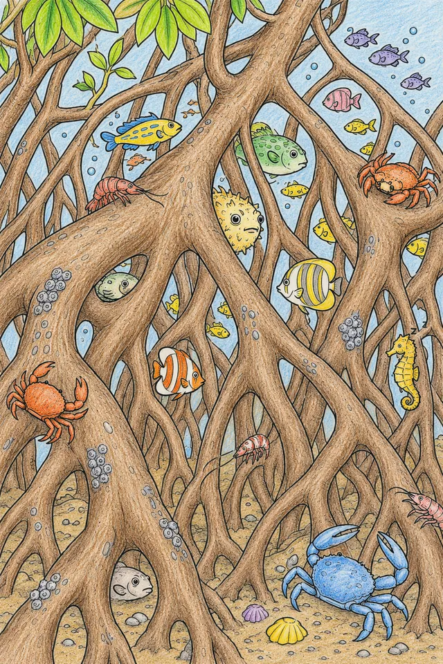 Ausmalbild: Dichtes Mangroven-Wurzellabyrinth mit vielen kleinen Fischen und Meerestieren
