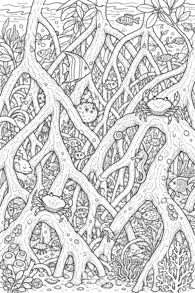 Mangroven-Wurzel-Labyrinth mit kleinen Fischen