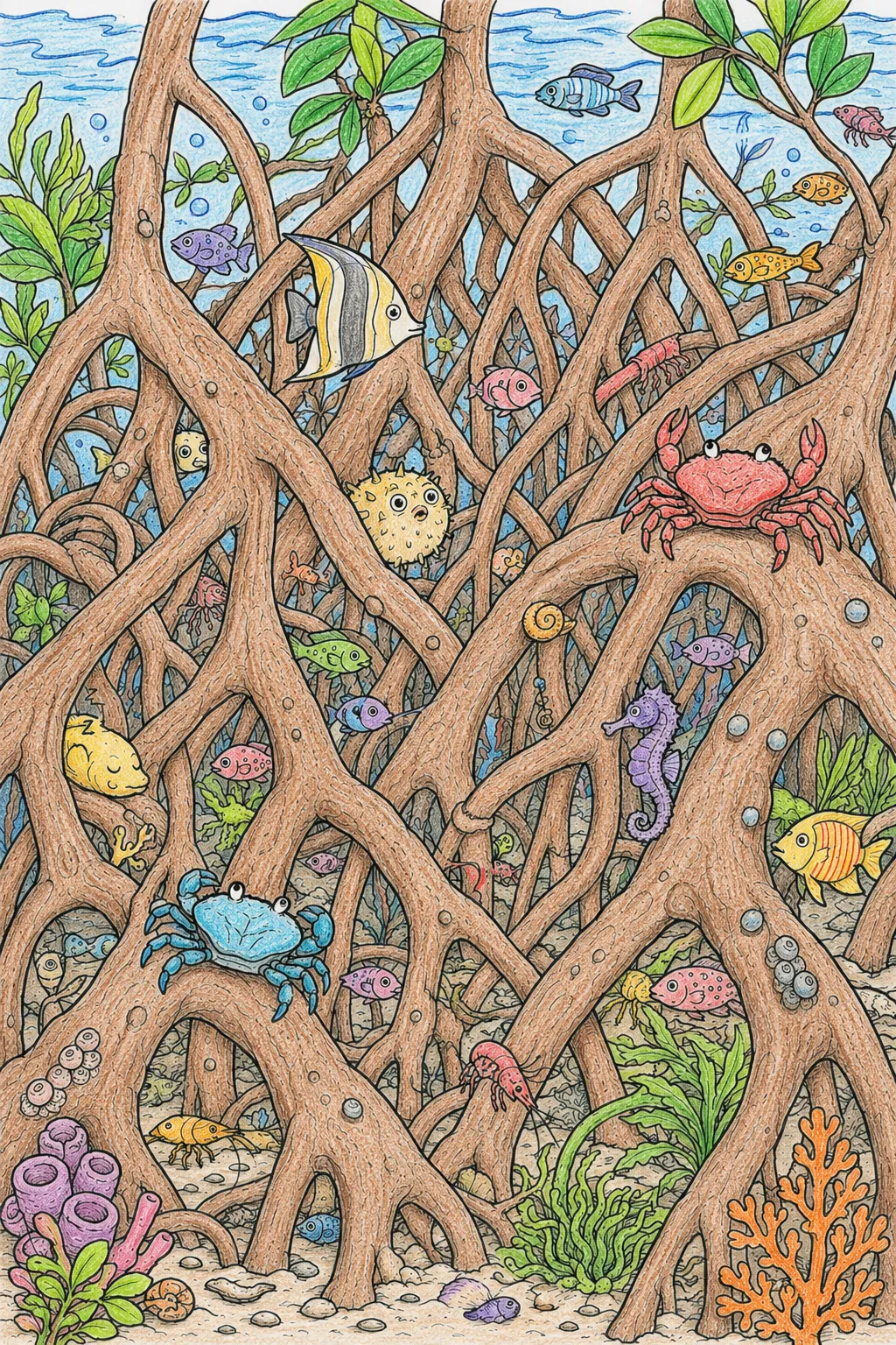 Mangroven-Wurzel-Labyrinth mit kleinen Fischen