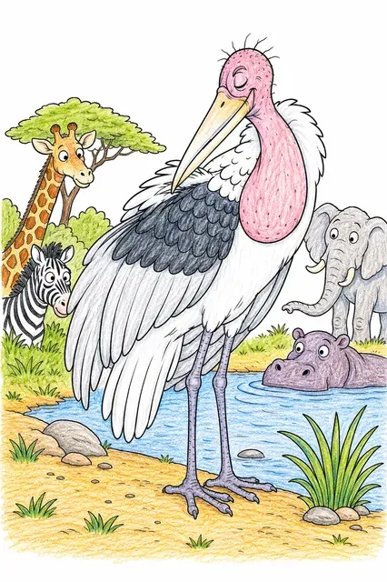 Ausmalbild: Marabu-Storch mit kahlem Kopf und rosa Kehlsack putzt sich am Fluss