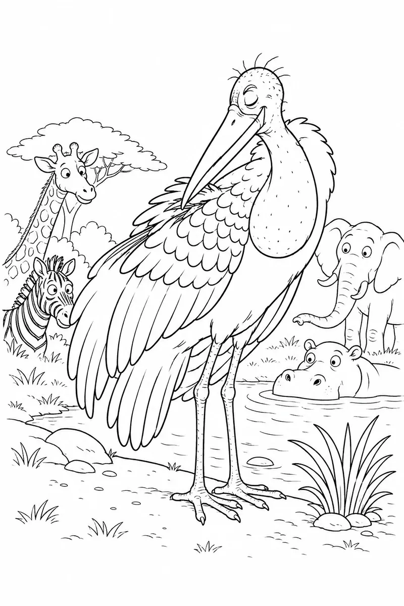 Ausmalbild: Marabu-Storch mit kahlem Kopf und rosa Kehlsack putzt sich am Fluss