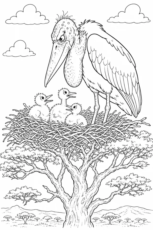 Marabu-Storch bewacht seine Jungen im Nest